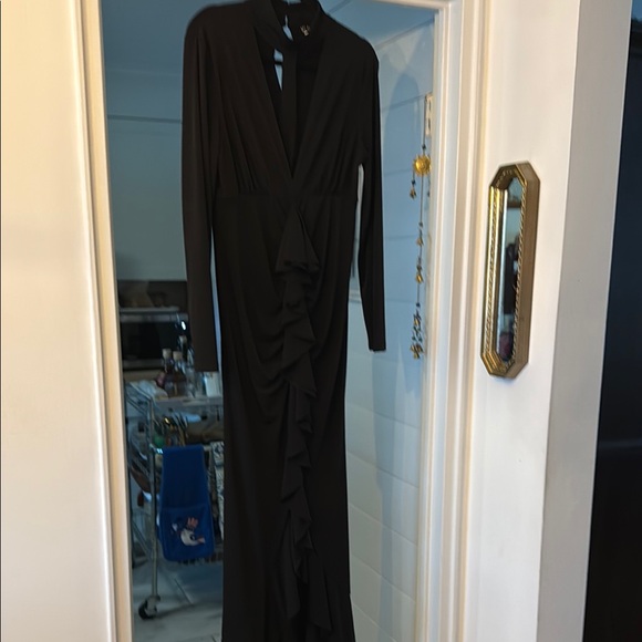 VENUS - BLACK DRAMATIC TEA- FRONT LENGTH MAXI WITH CENTER RUFFLE HIGH LOW DRESS - Picture 1 of 6